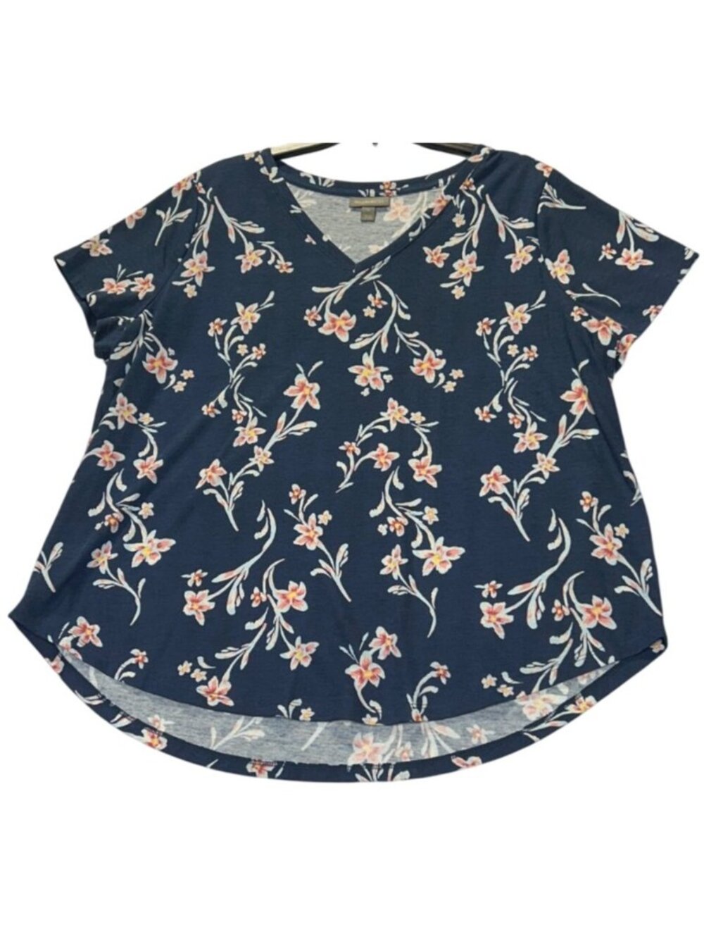 Style & Co Womens Plus Size 2X Navy Floral Print Short Sleeve V-Neck Top